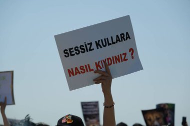 İzmir, Türkiye - 2 Haziran 2024: İzmir 'de protestocular, sahipsiz sokak köpeklerine 30 gün sonra ötenazi yapma amaçlı yasa tasarısına karşı çıktılar. Göstericiler Cumhuriyet Meydanı 'ndan Gundogdu Meydanı' na yürüdü