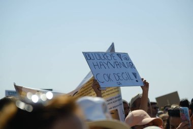 İzmir, Türkiye - 2 Haziran 2024: İzmir 'de protestocular, sahipsiz sokak köpeklerine 30 gün sonra ötenazi yapma amaçlı yasa tasarısına karşı çıktılar. Göstericiler Cumhuriyet Meydanı 'ndan Gundogdu Meydanı' na yürüdü