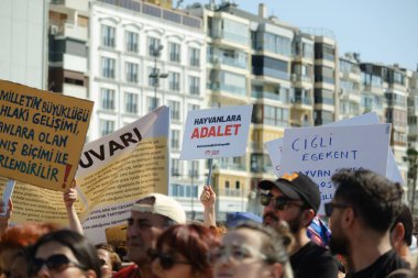 İzmir, Türkiye - 2 Haziran 2024: İzmir 'de protestocular, sahipsiz sokak köpeklerine 30 gün sonra ötenazi yapma amaçlı yasa tasarısına karşı çıktılar. Göstericiler Cumhuriyet Meydanı 'ndan Gundogdu Meydanı' na yürüdü
