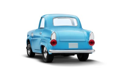 Arka soldan beyaz arka planda mavi bir oyuncak araba görünüyor. Görüntü arabanın ayrıntılı tasarımını gösteriyor. Krom aksanlar ve parlak vücut da dahil..