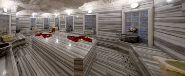 Geleneksel bir Türk hamamının panoramik görüntüsü mermer iç kısımları, lavaboları ve dekoratif desenleri ile huzur verici ve otantik bir banyo deneyimi sunuyor.