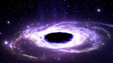 Uçsuz bucaksız evrende parlayan mor bir kara delik dönen ışık ve olay ufkunu çevreleyen yıldızlar büyüleyici bir girdap oluşturuyor.