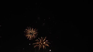 Gece gökyüzüne karşı parlak renk patlamaları gösteren nefes kesici bir havai fişek gösterisinin yavaş çekim videosu büyüleyici bir kutlama atmosferi yaratıyor.