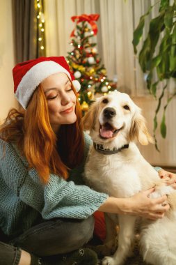 Noel Baba şapkası takan genç bir kadın arka planda güzel süslenmiş bir Noel ağacı ile yerde otururken Golden Retriever 'ına sevgiyle sarılıyor.