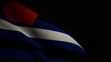 Yakın plan, spot ışıklarıyla aydınlatılan, sallanan deri gurur bayrağının üç boyutlu gerçekçi animasyonu, eşsiz dokusunu ve akıcı hareketini vurguluyor.