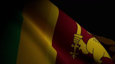 Sri Lanka bayrağının dalgalanan, zengin renklerini ve pürüzsüz, akıcı hareketlerini gösteren, yakın plan, spot ışıklarıyla aydınlatılan 3D animasyonu.