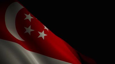 Singapur bayrağının canlı renklerini ve pürüzsüz, akıcı hareketlerini gösteren, yakın plan, spot ışıklarıyla aydınlatılmış 3D animasyonu..