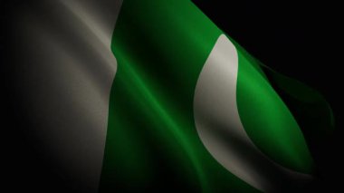 Pakistan bayrağının canlı renklerini ve akışkan hareketlerini gösteren, yakın plan, spot ışıklarıyla aydınlatılmış, 3D gerçekçi bir animasyon.