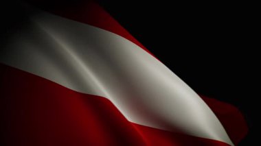 Avusturya bayrağının dalgalanan, cesur renklerini ve pürüzsüz, akıcı hareketini gösteren, yakın plan, spot ışıklarıyla aydınlatılan 3D animasyonu.