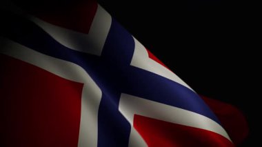 Yakın plan, spot ışıklarıyla aydınlatılan, Norveç bayrağının dalgalanan, benzersiz tasarımı ve akışkan hareketinin 3D canlandırması.