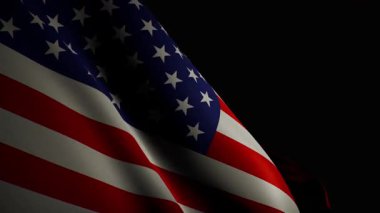 Yakın plan, spot ışıklarıyla aydınlatılan Amerikan bayrağının üç boyutlu gerçekçi animasyonu, ikonik yıldız ve çizgilerini ve pürüzsüz, akıcı hareketini sergiliyor.