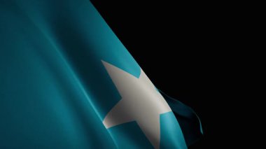 Yakın plan, spot ışıklarıyla aydınlatılan Somali bayrağının üç boyutlu gerçekçi animasyonu, cesur tasarımı ve akışkan hareketi gözler önüne seriliyor.