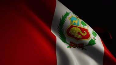 Peru bayrağının canlı renklerini ve pürüzsüz, akıcı hareketlerini gösteren, yakın plan, spot ışıklarıyla aydınlatılmış, 3D bir animasyon.