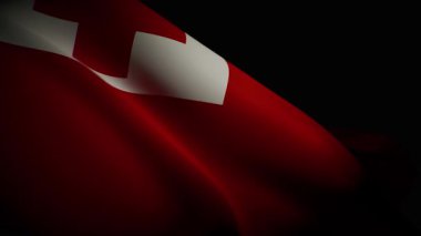 Tongan bayrağının dalgalanan, benzersiz tasarımı ve akışkan, pürüzsüz hareketinin yakın plan, spot ışıklarıyla aydınlatılmış 3D animasyonu.