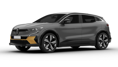 İzmir, Türkiye - 13 Aralık 2025: Şeffaf arkaplan, gri Renault Megane E-Tech ön sol açıda, aerodinamik çizgilerini ve modern tasarımı yüksek kalite 3 boyutlu bir tasarımı sergiliyor.