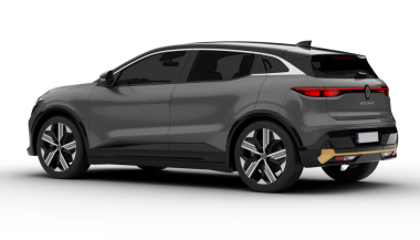 aİzmir, Türkiye - 13. Mar 2025: Şeffaf arkaplan, gri Renault Megane E-Tech arka sol açıda, LED arka farlarını ve parlak arka tasarımını yüksek kaliteli 3 boyutlu olarak vurguluyor.
