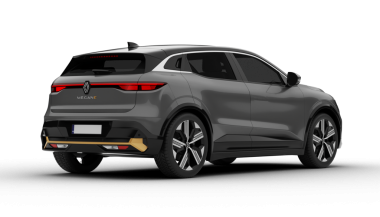 İzmir, Türkiye - 13 Aralık 2025: Şeffaf arkaplan, gri Renault Megane E-Tech arka dik açıda, geriye ve çarpıcı bir şekilde şekillendirilmiş gövdesini vurguluyor.