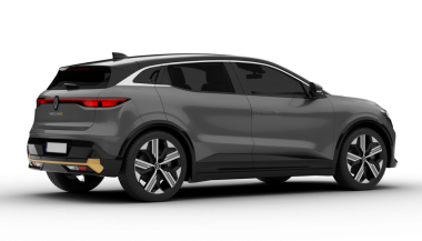 İzmir, Türkiye - 13 Aralık 2025: Şeffaf arkaplan, gri Renault Megane E-Tech arka dik açıda, geriye ve çarpıcı bir şekilde şekillendirilmiş gövdesini vurguluyor.