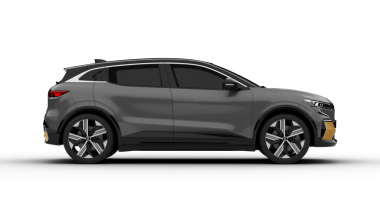 İzmir, Türkiye - 14 Aralık 2025: Şeffaf arkaplan, gri Renault Megane E-Tech tam sağ görüşü, temiz hatları ve modern elektrikli araba tasarımını yüksek kalite 3D olarak sergiliyor.