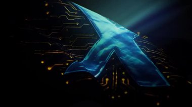 XRP logosunun yer aldığı ve engelleme zinciri yeniliği ve dijital finansmanı sembolize eden, spot ışıklarıyla aydınlatılan, 3 boyutlu gerçekçi bir animasyon..