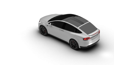 Şeffaf arkaplan, tepeden tırnağa beyaz Tesla Model X 'in aerodinamik şeklini ve pürüzsüz elektrikli araç hatlarını sergiliyor..