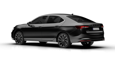 İzmir, Türkiye - 17 Nisan 2025: Şeffaf arkaplan üzerine yapılmış koyu gri 2024 Skoda Superb 'in hafif sol arka görünümü