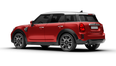 İzmir, Türkiye - 23 Nisan 2025: Mini Cooper 'ın arka sol tarafındaki 2025 saydam arkaplanda parlak ışıklar ve kıvrımlarla gösterildi.