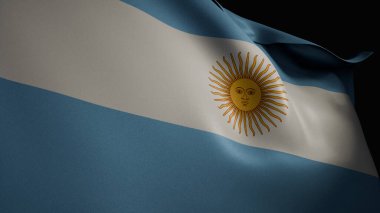 Yakın plan, spot ışıklarıyla aydınlatılmış Arjantin bayrağının, açık mavi ve beyaz renklerini güneş amblemiyle işaretleyen 3D yansıması.