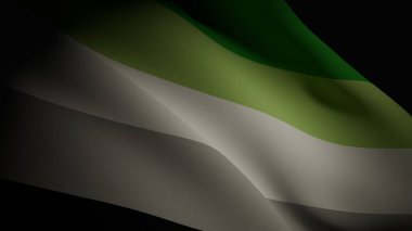 Dalgalı bir aromantik gurur bayrağının, canlı renklerini ve akıcı hareketlerini vurgulayan, spot ışıklarıyla aydınlatılmış, 3D gerçekçi bir yansıması.