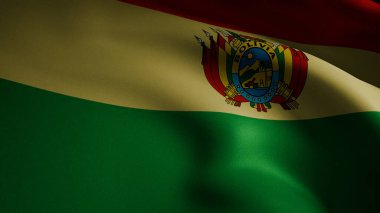 Kırmızı, sarı ve yeşil renklerini akışkan hareketlerle sergileyen, sallanan bir Bolivya bayrağının yakın plan, spot ışıklarıyla aydınlatılmış 3D gerçekçi görüntüsü.