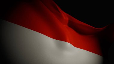 Endonezya bayrağını sallayan, cesur renklerini ve pürüzsüz, akıcı hareketini gösteren, yakın plan, spot ışıklarıyla aydınlatılan 3D gerçekçi bir görüntü.