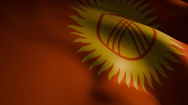 Kırgız bayrağının canlı renklerini ve pürüzsüz, akıcı hareketini gösteren, yakın plan, spot ışıklarıyla aydınlatılan 3D gerçekçi bir yansıması.