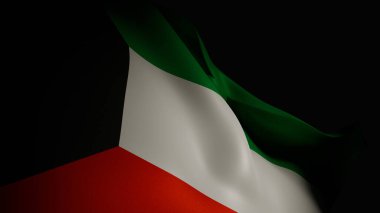 Kuveyt bayrağının canlı renklerini ve pürüzsüz, akıcı hareketlerini gösteren, yakın plan, spot ışıklarıyla aydınlatılmış, 3D gerçekçi bir canlandırma.