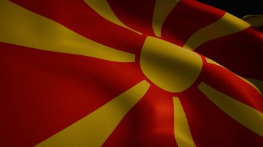 Hareketli kırmızı ve sarı renkli koyu kırmızı ve akışkan tasarımı ile dalgalanan Kuzey Makedonya bayrağının yakın plan, spot ışıklarıyla aydınlatılmış 3D görüntüsü.