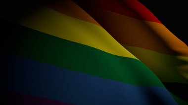 Dramatik spot ışıkları altında sallanan yüksek kaliteli bir LGBT Onur bayrağı. Canlı gökkuşağı renkleri pürüzsüz akar, birliği, eşitliği ve çeşitliliği simgeler.