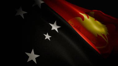 Papua Yeni Gine bayrağının benzersiz tasarımı ve akışkan hareketini gözler önüne seren, yakın ışıklandırılmış, üç boyutlu gerçekçi bir yansıması.