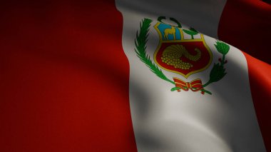Peru bayrağının canlı renklerini ve pürüzsüz, akıcı hareketlerini gösteren, yakın plan, spot ışıklarıyla aydınlatılmış, 3D gerçekçi bir yansıması.