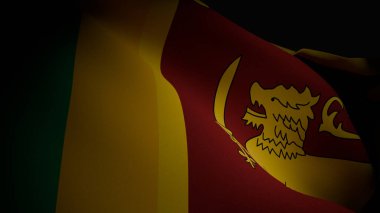 Sri Lanka bayrağının dalgalanan, zengin renklerini ve pürüzsüz, akıcı hareketlerini gösteren, yakın plan, spot ışıklarıyla aydınlatılan 3D gerçekçi bir görüntüsü.