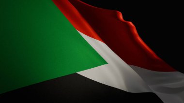 Sudan bayrağının canlı renklerini ve pürüzsüz, akıcı hareketlerini gösteren, yakın plan, spot ışıklarıyla aydınlatılmış, 3D gerçekçi bir yansıması.