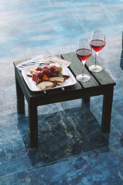 İki kırmızı şarap kadehi ve havuz kenarında güzel hazırlanmış bir meyve tabağı..