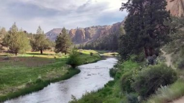 Çarpıcı Smith Rock State Parkı 'ndaki huzurlu Eğri Nehir. Kızıl kaya kayalıkları ve etrafındaki parlak yeşil çimenler ve ağaçlar - Bay Terrebonne, Oregon, ABD