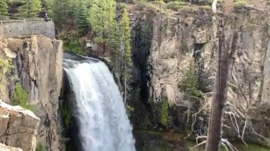 Bir kadın Tumalo Şelalesi 'nin görüş açısında duruyor ve muazzam şelalenin ölçeğini belirtmek için el sallıyor. Kamera güzel Desparutes Ulusal Ormanı' nda eğiliyor. Nr Bend, Oregon, ABD