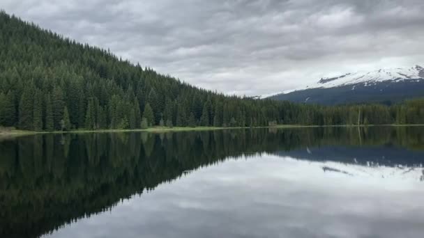 Hermosos Árboles Siempreverdes Nevados Hood Perfectamente Reflejados Lago Trillium Día — Vídeos de Stock