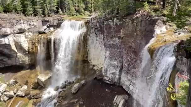 春天美丽的保利纳河瀑布流过马蹄悬崖峭壁 周围环绕着常绿的森林 美国俄勒冈州本德市的纽伯里国家火山口 — 图库视频影像