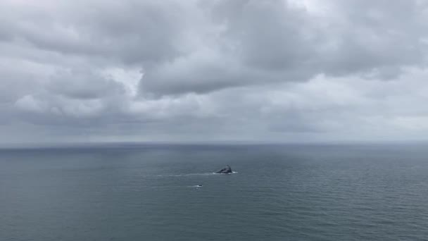 嵐の日に撮影されたエリカ州立公園の崖からティラムックロック灯台の眺め 光は太平洋の小さな岩の多い島にあります Canon Beach オレゴン州 アメリカ — ストック動画
