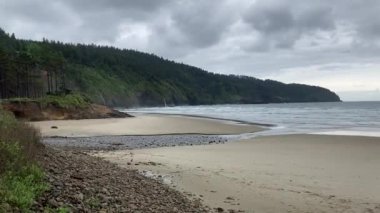 The beautiful empty beach at Cape Lookout State Park with coastal forest and waterfalls off the cliffs in the background. Taken on an overcast day in Spring - Nr Tillamook, Oregon, USA