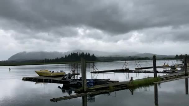 背景の桟橋 丘や森で静かに休んでボートとティラムック湾の完全に静止し 反映水 大気圏 灰色の春の日に撮影 Garibaldi オレゴン州 — ストック動画