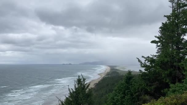 岬展望台州立公園では 曇りの日にビーチを一望できます 太平洋からの波は 遠くに見える空のビーチに衝突します Nrティラモック オレゴン州 アメリカ — ストック動画