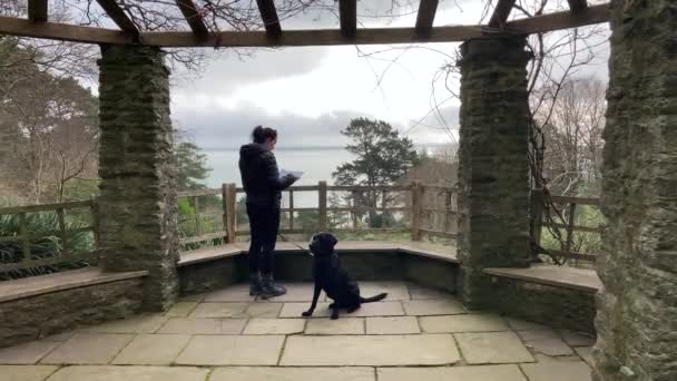 Siyah Labrador Köpeği Bir Pergola Altında Dinlenirken Bir Kadın Güney — Stok video