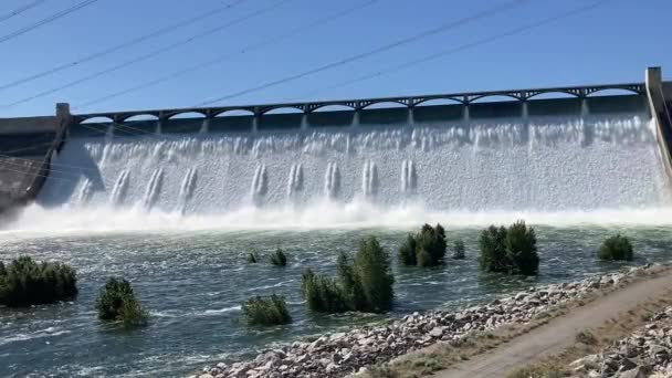 コロンビア川にグランド カウリー ダムの水路を駆け抜ける水の眺め 水の力は この歴史的な場所で水力発電に変換されます 米国東部ワシントン州 — ストック動画
